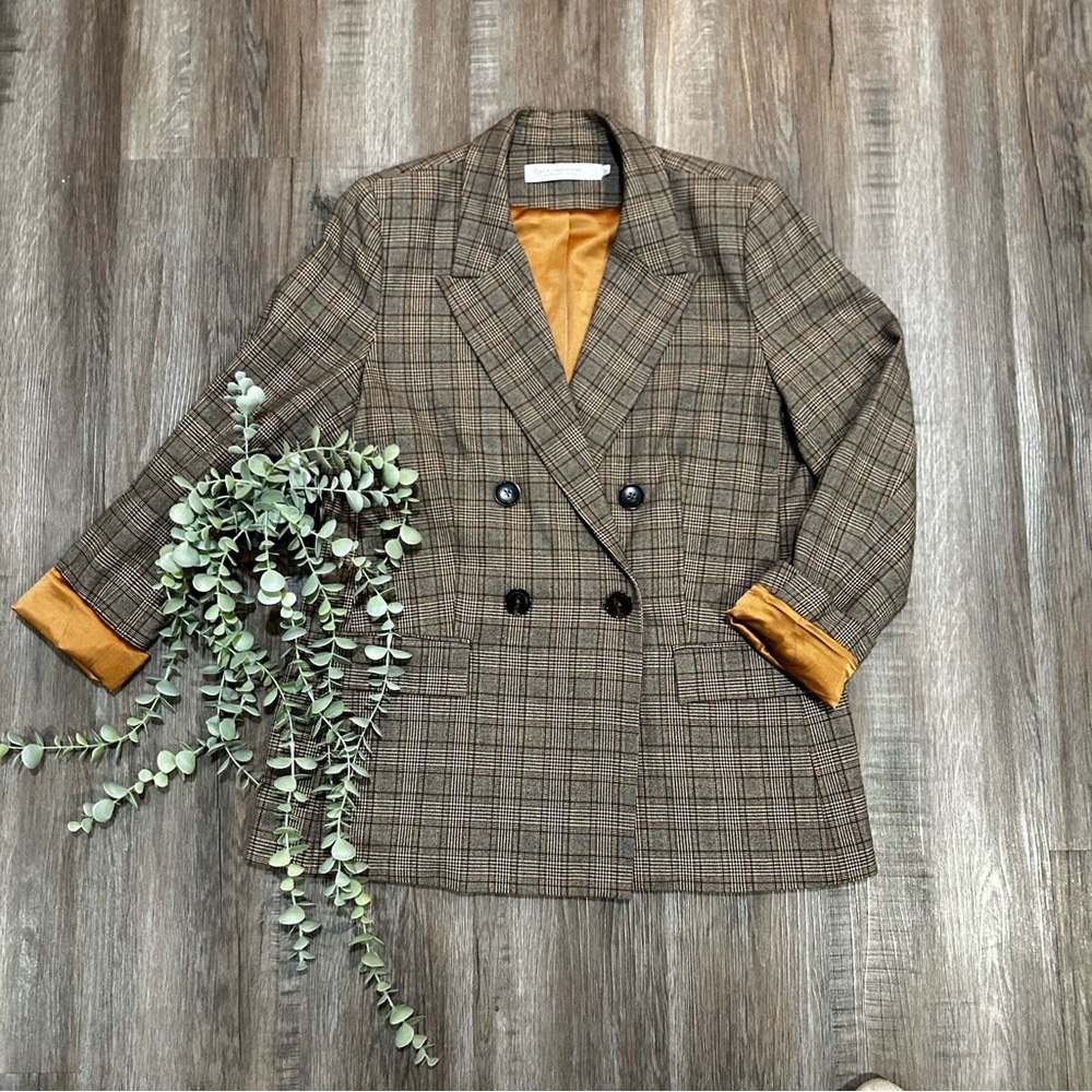 Contemporaine Brown Plaid Wool Blend Double Breasted Blazer Women’s size 10